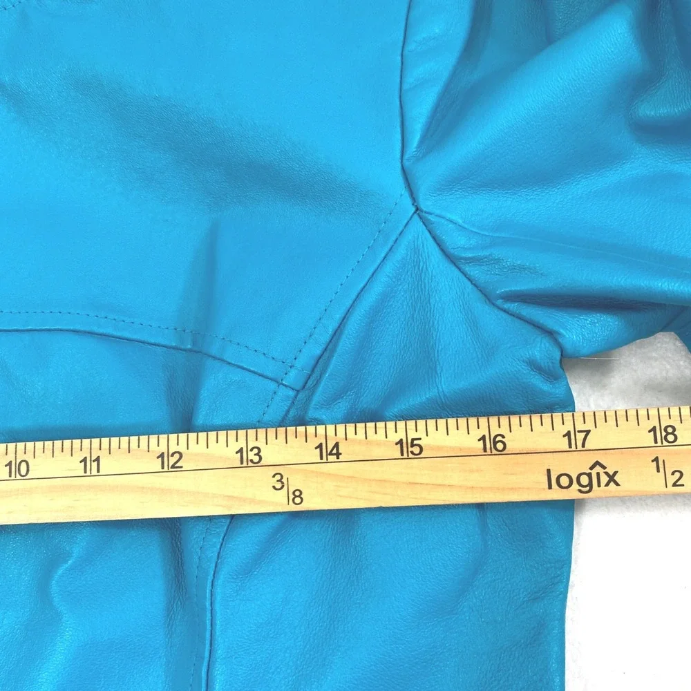Shape FX Turquoise Blue Genuine Leather Jacket Womens Sz 8 Full Zip Flared Cuffs - Picture 7 of 11